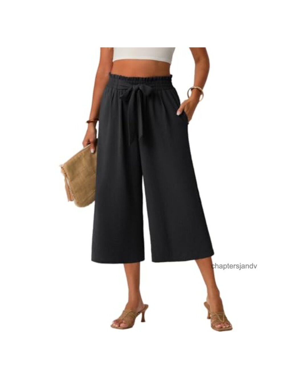 Women Wide Leg Capri Pants High Waisted Pull On with Pockets